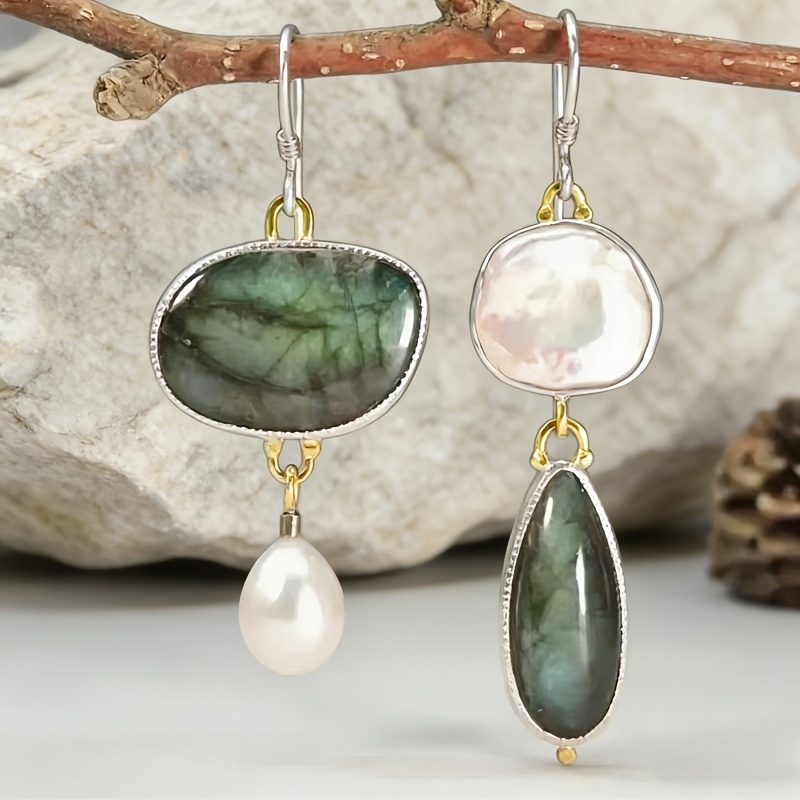 TEMU 2D - 1 Par de Pendientes Colgantes 2D-Flat con Bohemia Verde | Elegante de Perla, Baño de Níquel Libre de Cobre, Estilo Vintage Para Ocasiones y