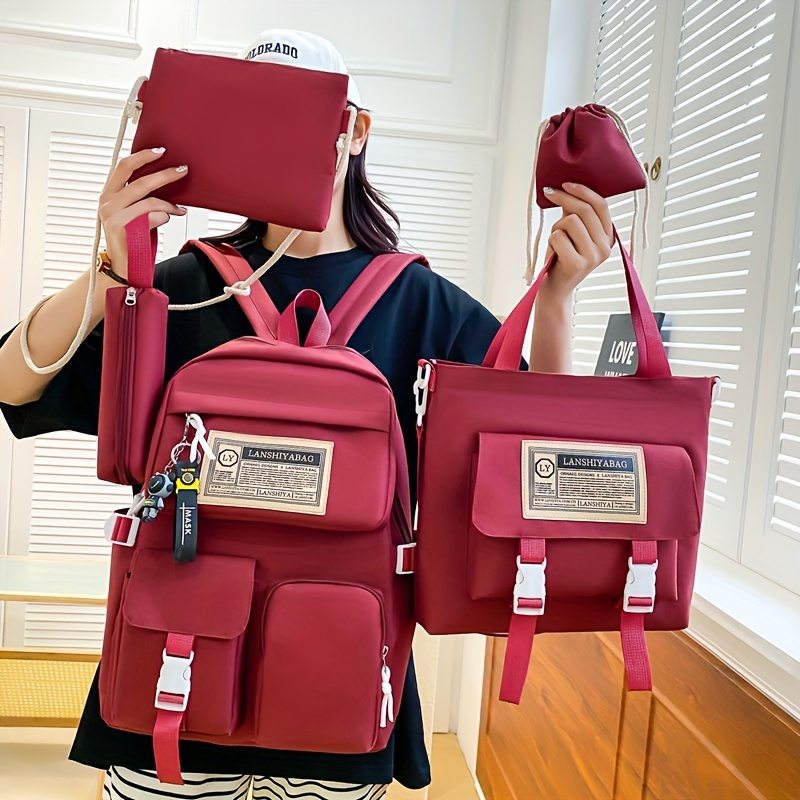5-Piece Solid Color Backpack Set with Large Capacity Double Shoulder Bag, Tote, Pencil Case, Crossbody, and Lightweight Student Bag in Multi