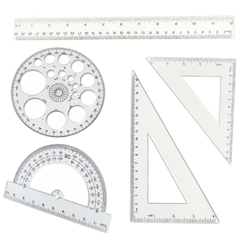TEMU Kit de mathématique, ensemble d'outils de dessin pour étudiants avec rapporteur à 360°, règle de 30 cm, règles triangulaires, plastique