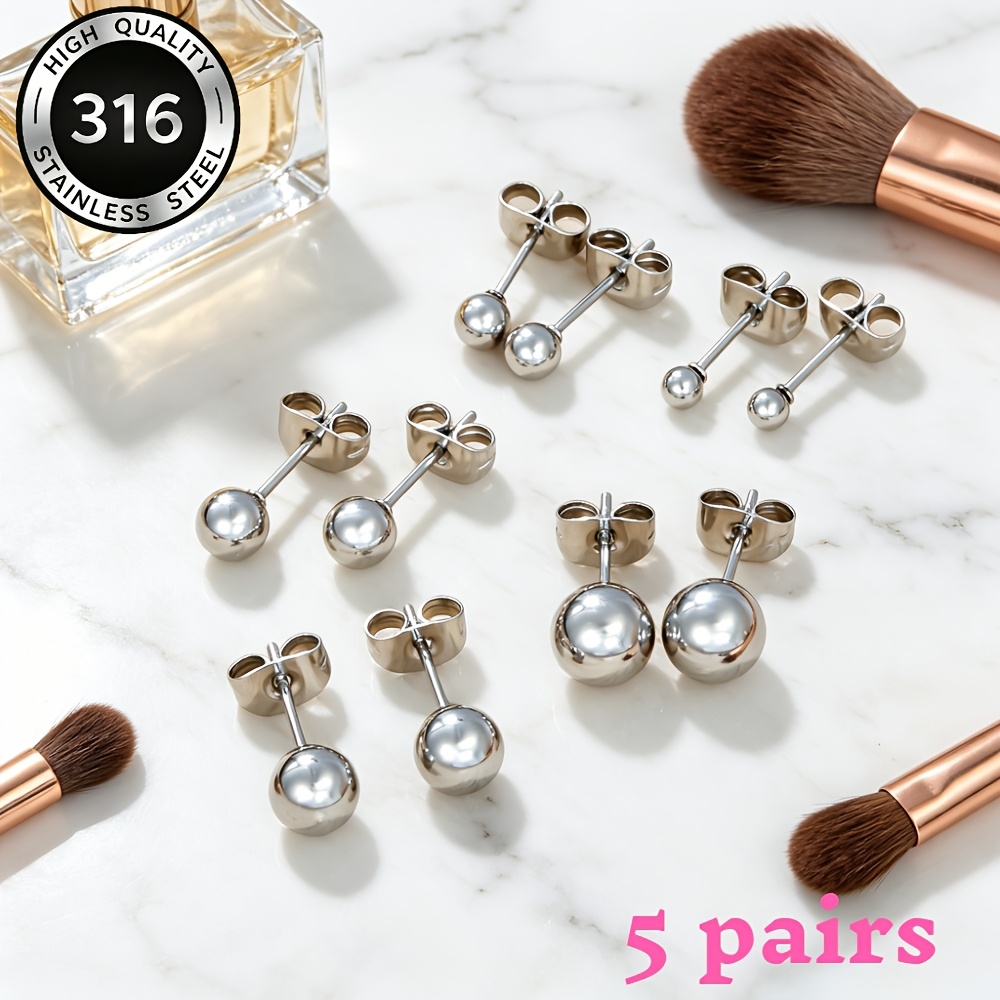 5 Pairs Minimalist Classic Round Ball Stud Earrings, Unisex