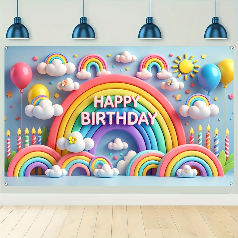 

1pc Rainbow & Cloud Happy Birthday Banner - Colorful Balloon And Candle Theme, Polyester Party Decoration Backdrop Rainbow Party Decorations Balloons Decoration Set