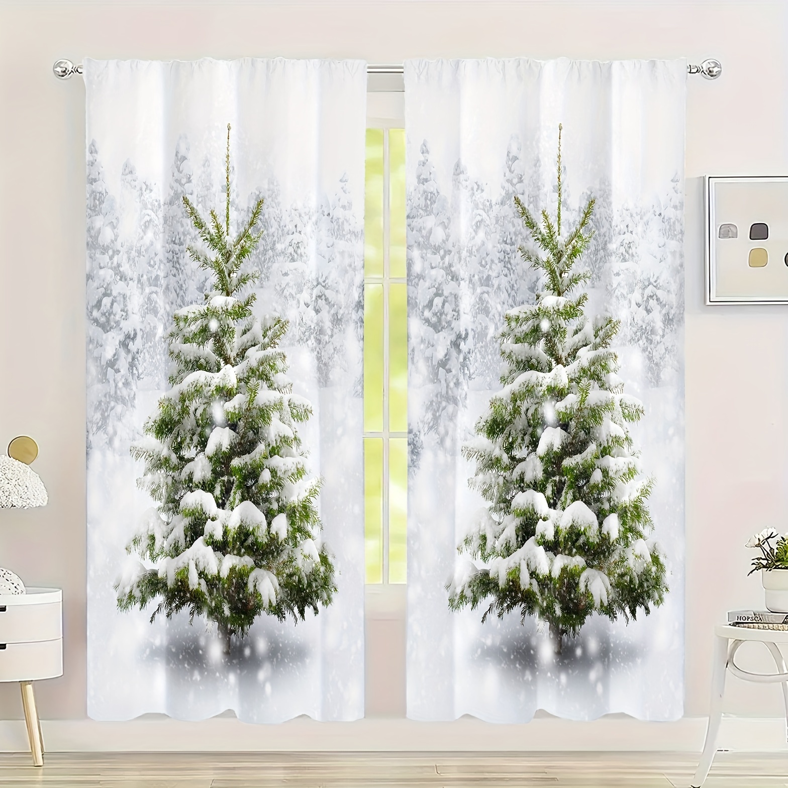 

2pcs Set Snowy Pine Tree Digital Print Curtains - Soft, Light-filtering Polyester Drapes For Living Room, 42x84 Inches