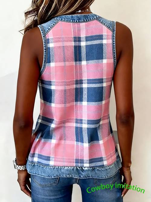 printed pants not denim fabric womens imitation denim pullover fashionable v neck pink denim print simple and elegant commuter top