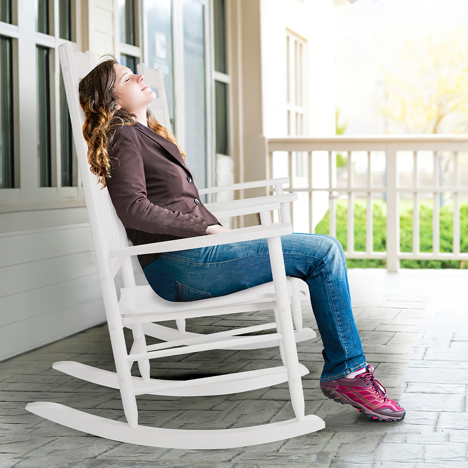 Image of Outdoor Wooden Rocking Chair With High Back, Indoor Rocking Chair, Extra Large, Easy To Assemble, Suitable For Garden, Lawn, Balcony, Porch (1pc), Patio Furniture Outdoor
