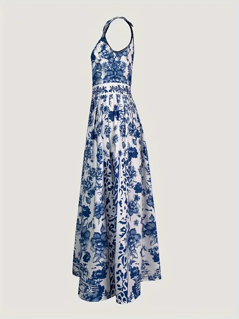 womens a line loose fit sleeveless maxi dress with floral print lapel collar and split joint design spring summer and vacation casual wear cute dress Product details 3