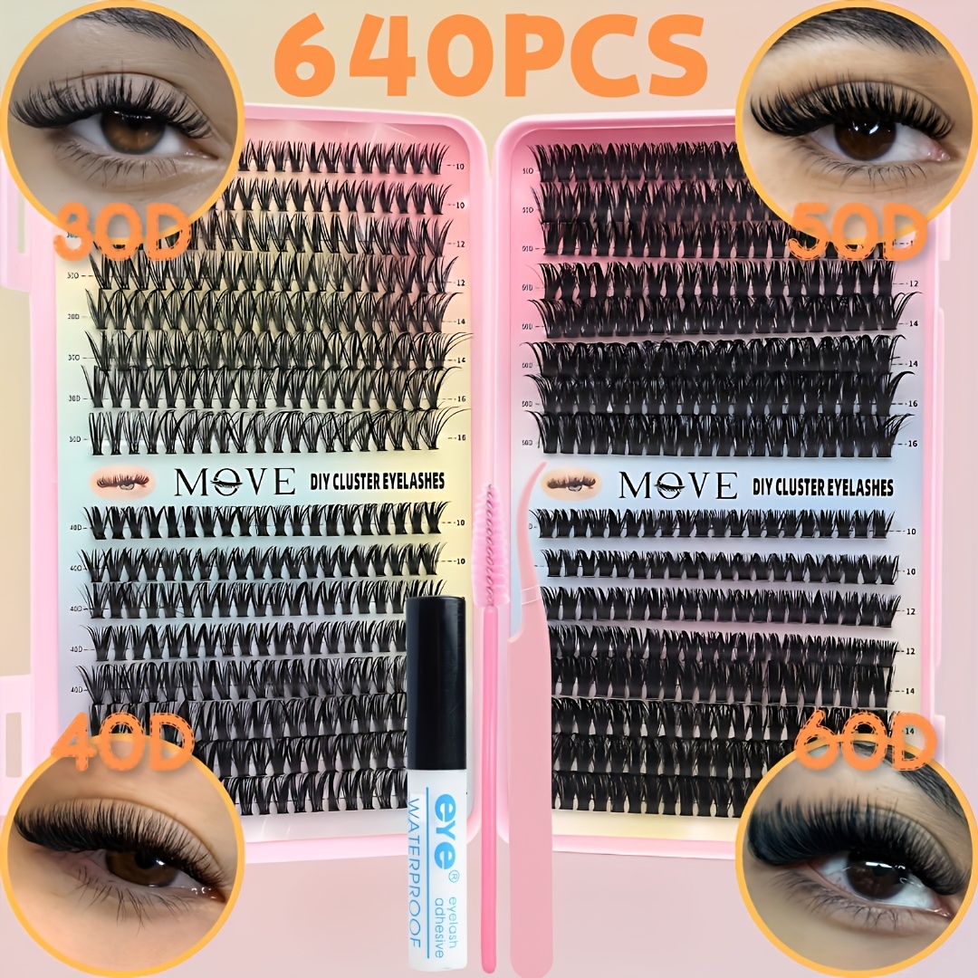 TEMU Kit de 'extensions de cils 640 pièces avec colle et pince à épiler, convient pour les cils à grappes DIY, cils à volume 30D-100D, extensions de