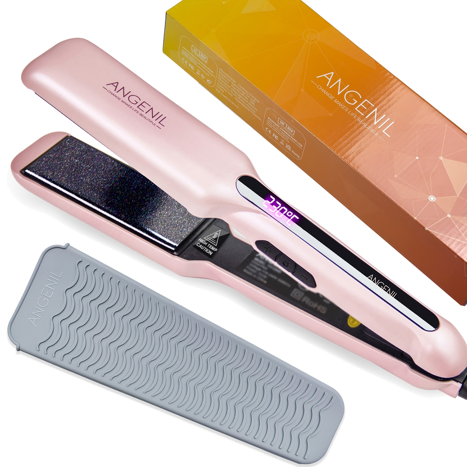 Image of Angenil Flat Iron Wide 1.6 Inch Hair Straightener For Thick Hair, Dual Straightener And Curler 2in 1, Ceramic Flat Iron With Heat Resistant Mat Pouch, Fast, Lcd Display