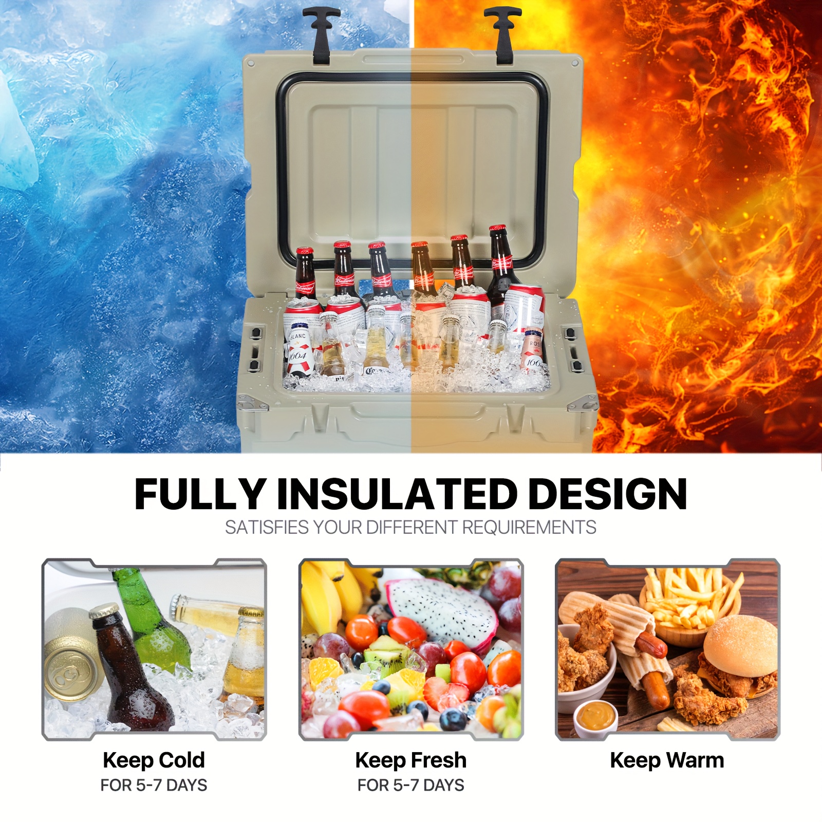 72 Can 42 Quart Towable Ice Chest with Wheels and Cup Holder, Outdoor Picnic Camping Hard Cooler