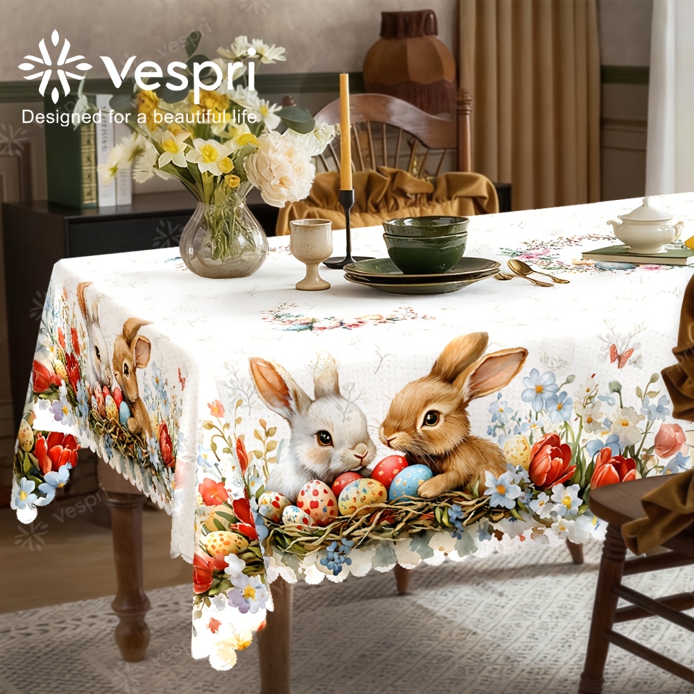 item picture   easter spring tablecloth colorful decoration with rabbits easter eggs and flowers traditional style polyester   oval ideal for spring summer restaurant party festival outdoor