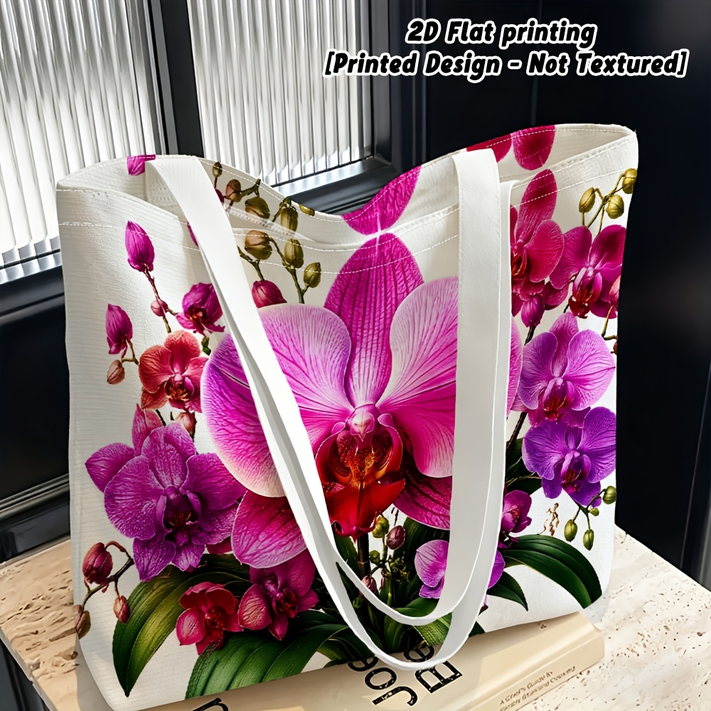 TEMU 1pc, 2d Flat Printing Orchid In Bloom Pattern Themed Women's Shoulder Bag, Multi-functional Tote Bag, With Multiple Colors Available, Suitable