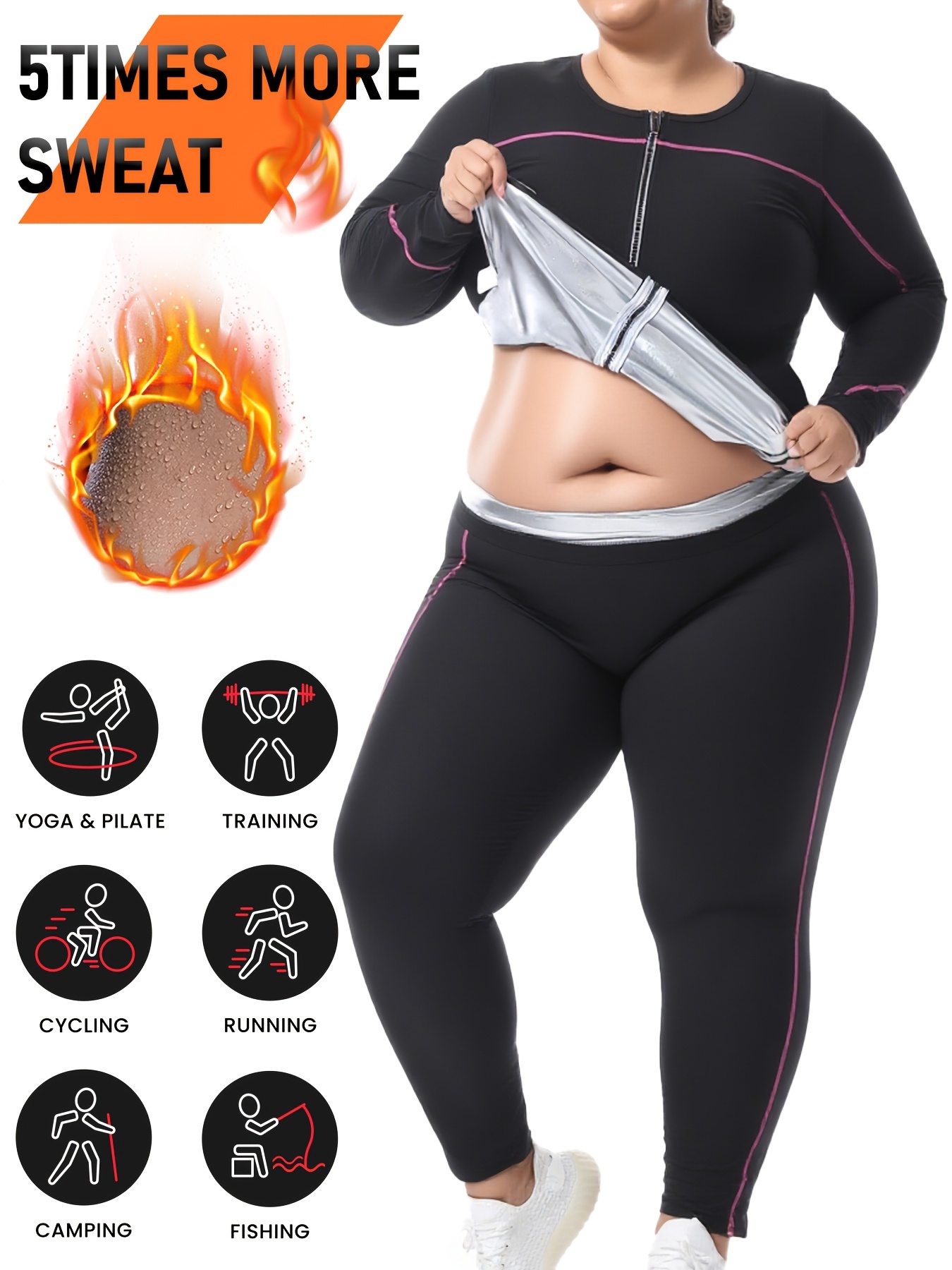 2pcs Women's Plus Size Sauna Yoga Set, Sweat-Coated Interior, Moisture-Wicking, Yoga and Fitness Wear, Plus Size Long Sl