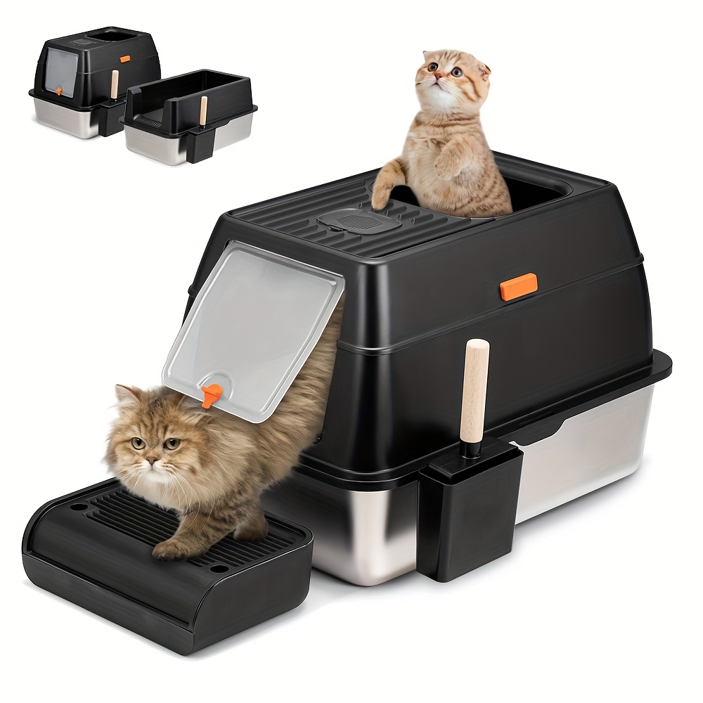 TEMU Xxl/2-in-1 Large Cat Litter Box Stainless Steel Enclosed/semi-enclosed Non Stick Leak-proof 20l Black