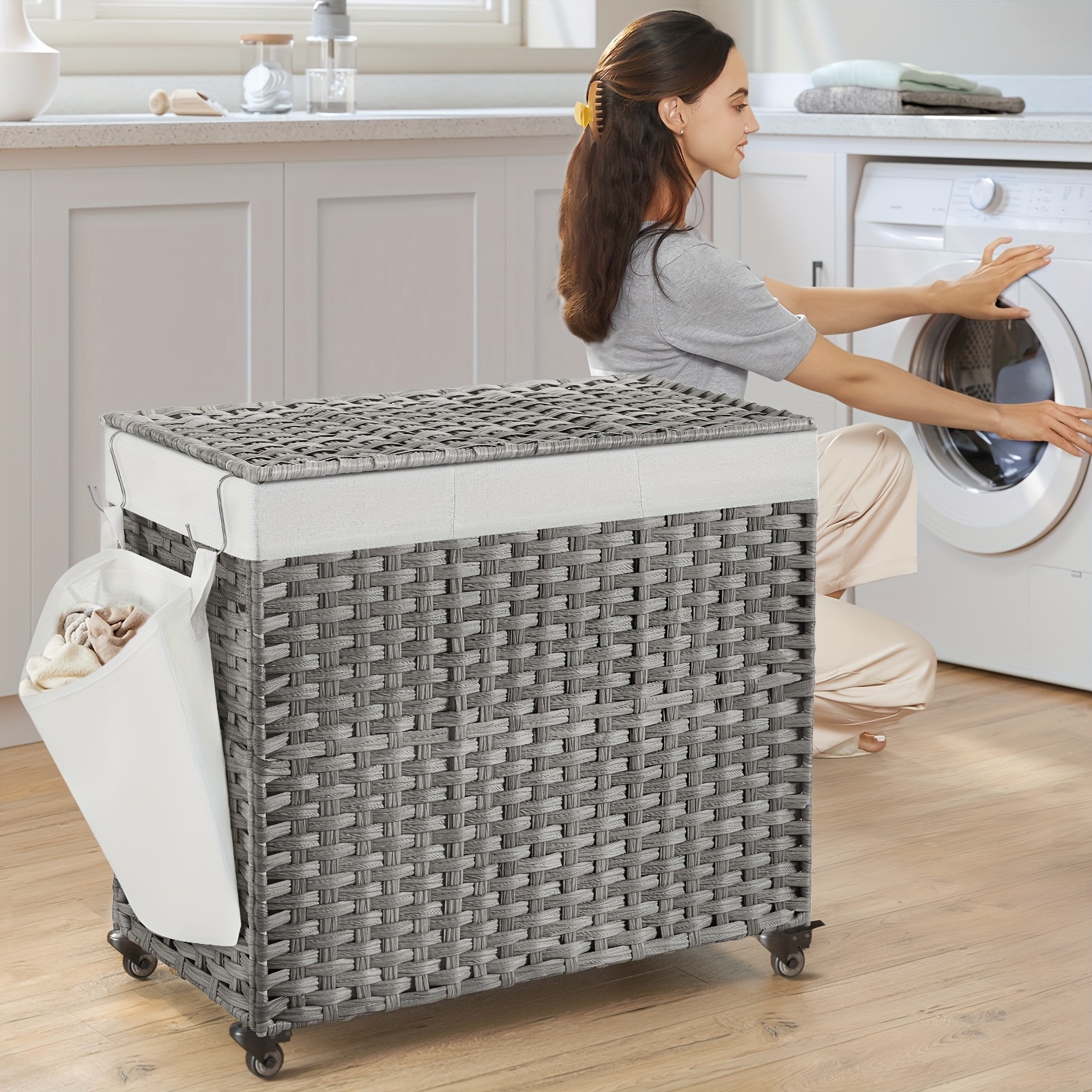 

1pc Laundry Hamper With Lid, 42.3 Gallon (160l), Rolling Laundry Basket With Wheels, 3-section Synthetic Rattan Laundry Hamper