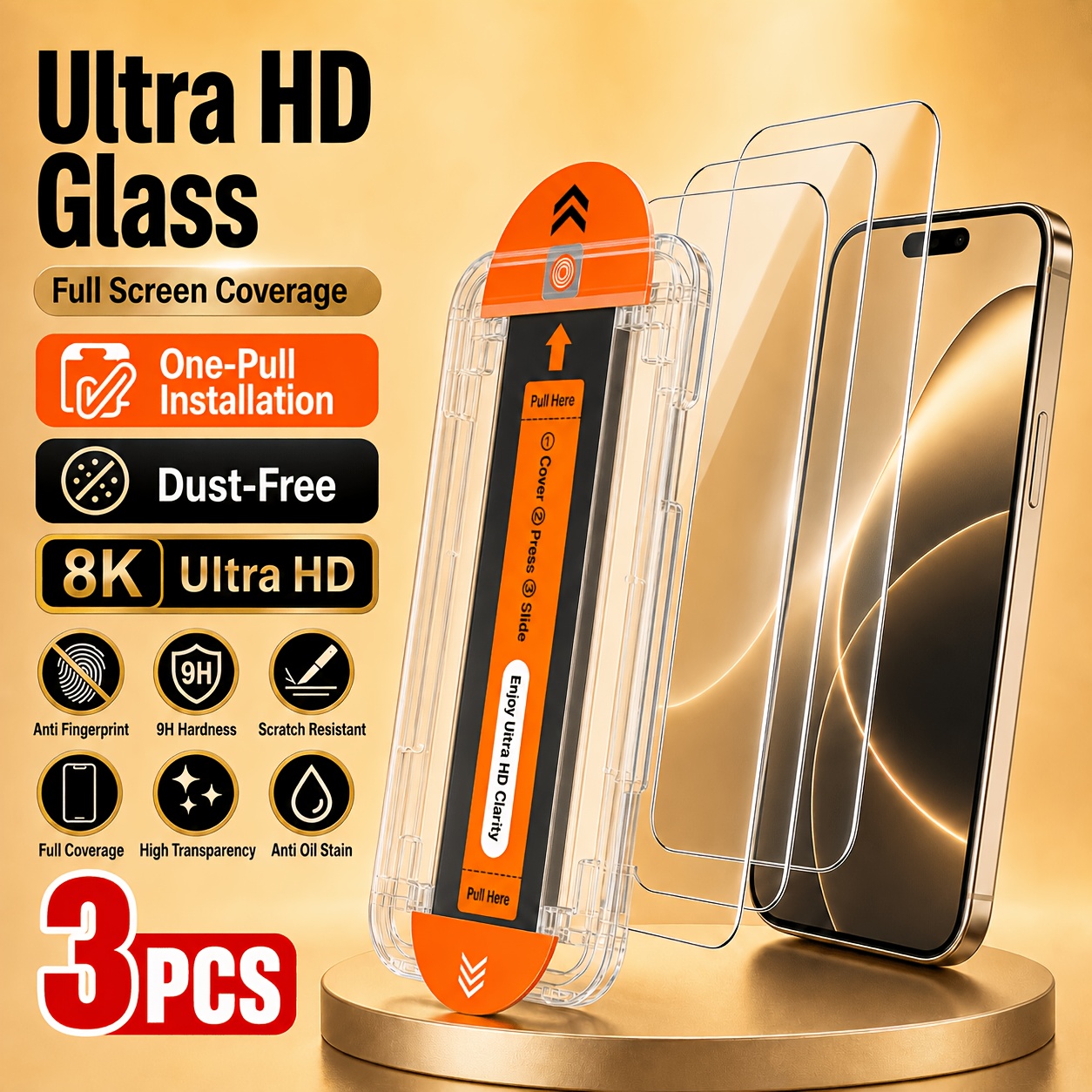 TEMU Pellicola per in Vetro Temperato Ultra HD, Confezione da 3 (con Vassoio per Applicazione Istantanea e Rimozione ), Compatibile con iPhone Serie