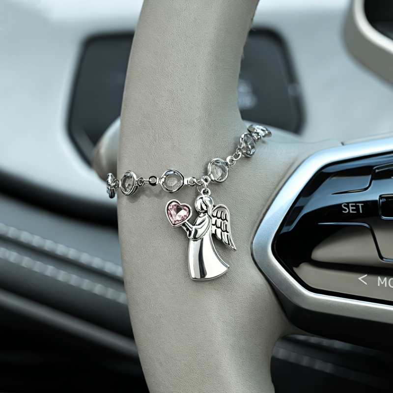 1pc Heart-shaped Zirconia Elf Guardian Pendant Steering Wheel Chain, Women' Charm, Car Accessory