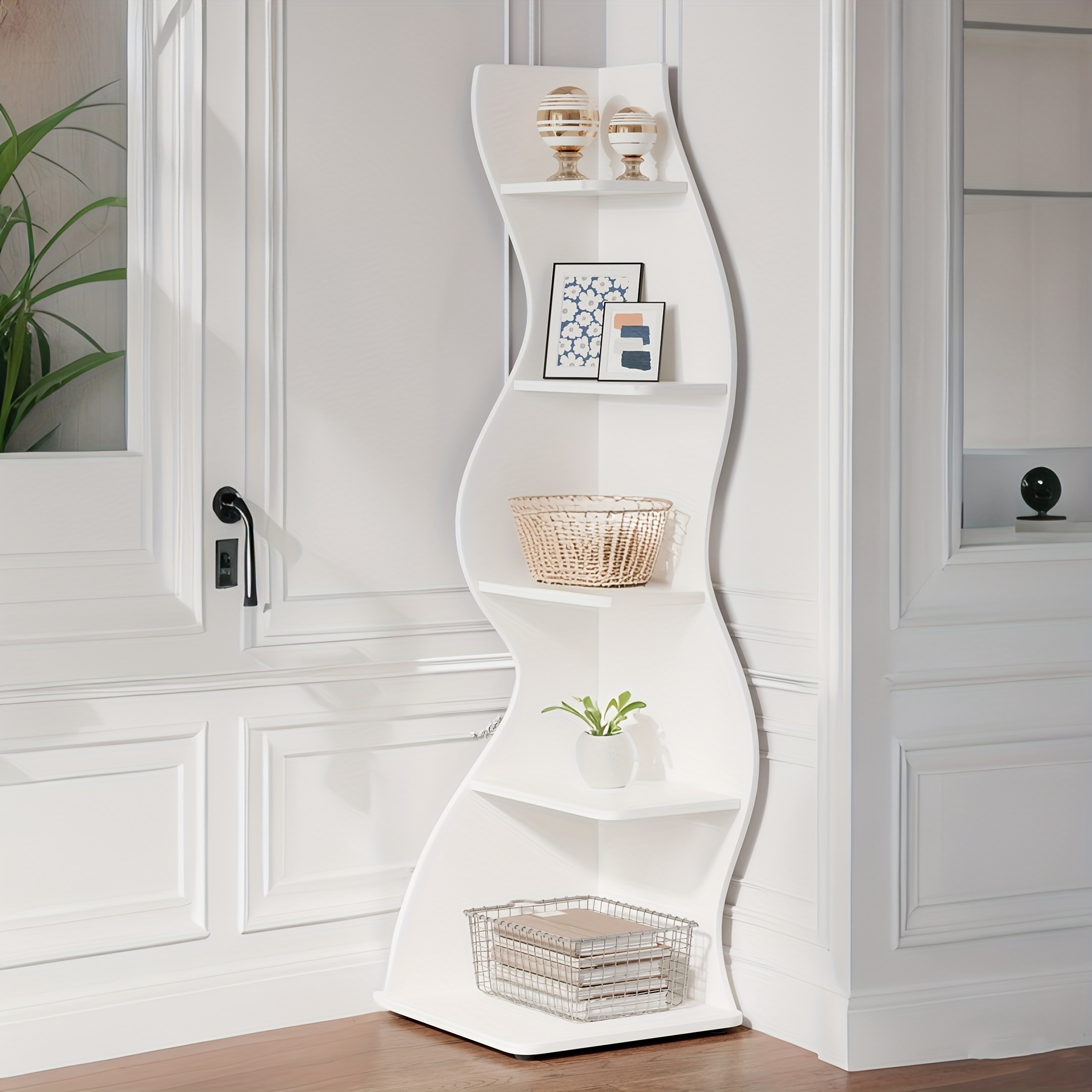 Corner Shelf, Modern 5-tier Wall Corner Bookshelf, Stylish Corner Small Bookcase Storage Rack Plant Stand With Unique Shape For Living Room, Home Office, (1pc, White)