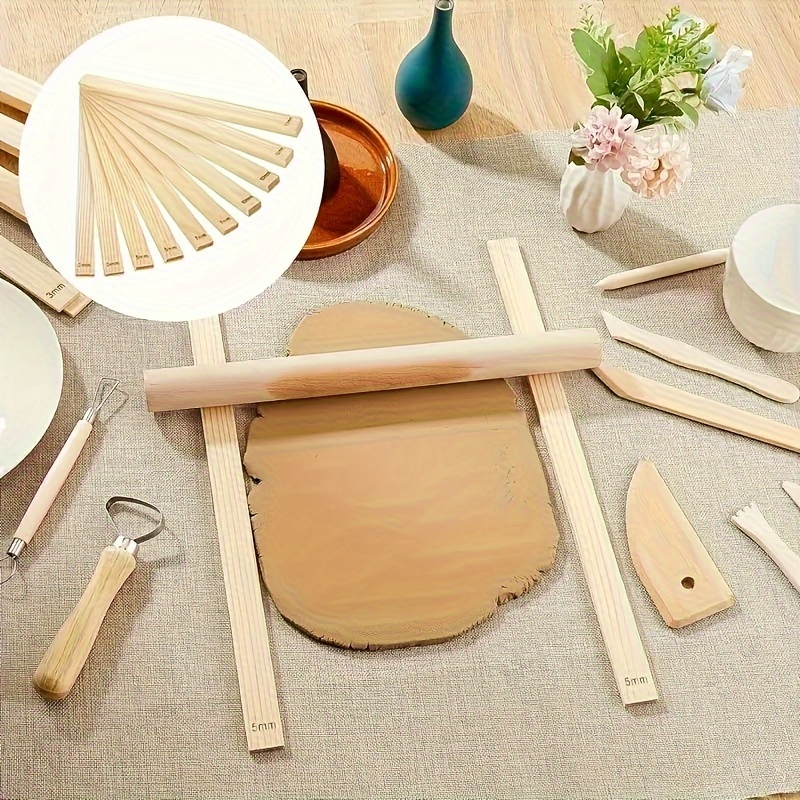 

8-piece Wooden Clay Rolling Frame Set - 3mm, 5mm, 7mm, 10mm Pottery Roller Guides For Ceramic And Polymer Clay - Essential Sculpting And Shaping Tools In Beige Wood Material