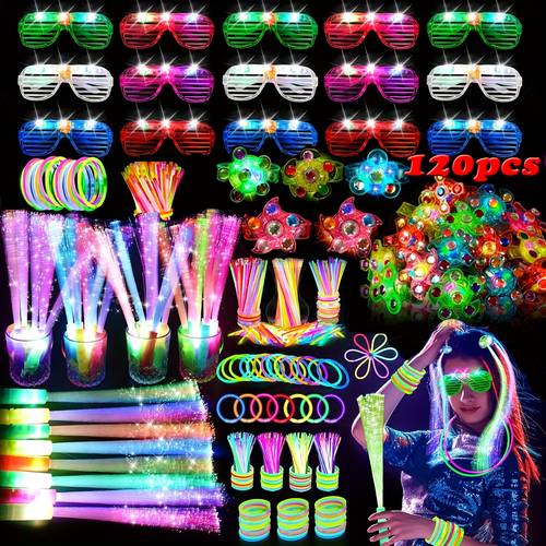 120 in the dark party supplies including glowing ring led glasses glow sticks and led hair clips fiber optic for neon party wedding birthday concert new year