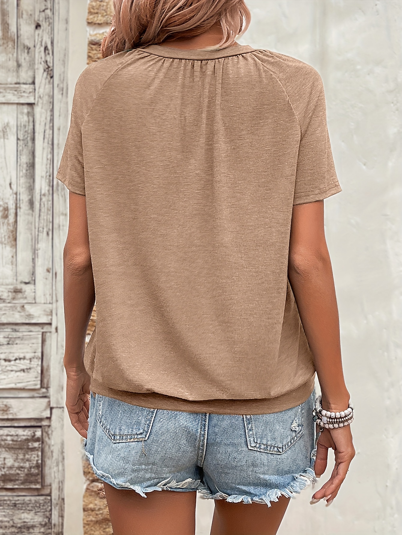 Solid Color V Neck T-Shirt, Casual Short Sleeve T-Shirt For Spring & Summer, Women's Clothing