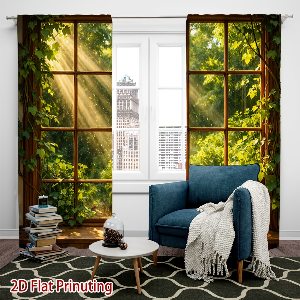 TEMU [ Products]set Of 2 Sunlight Green Plant Printed Curtains, Soft Light, Privacy Protection, Pocket Rod Installation Suitable For Living Room,