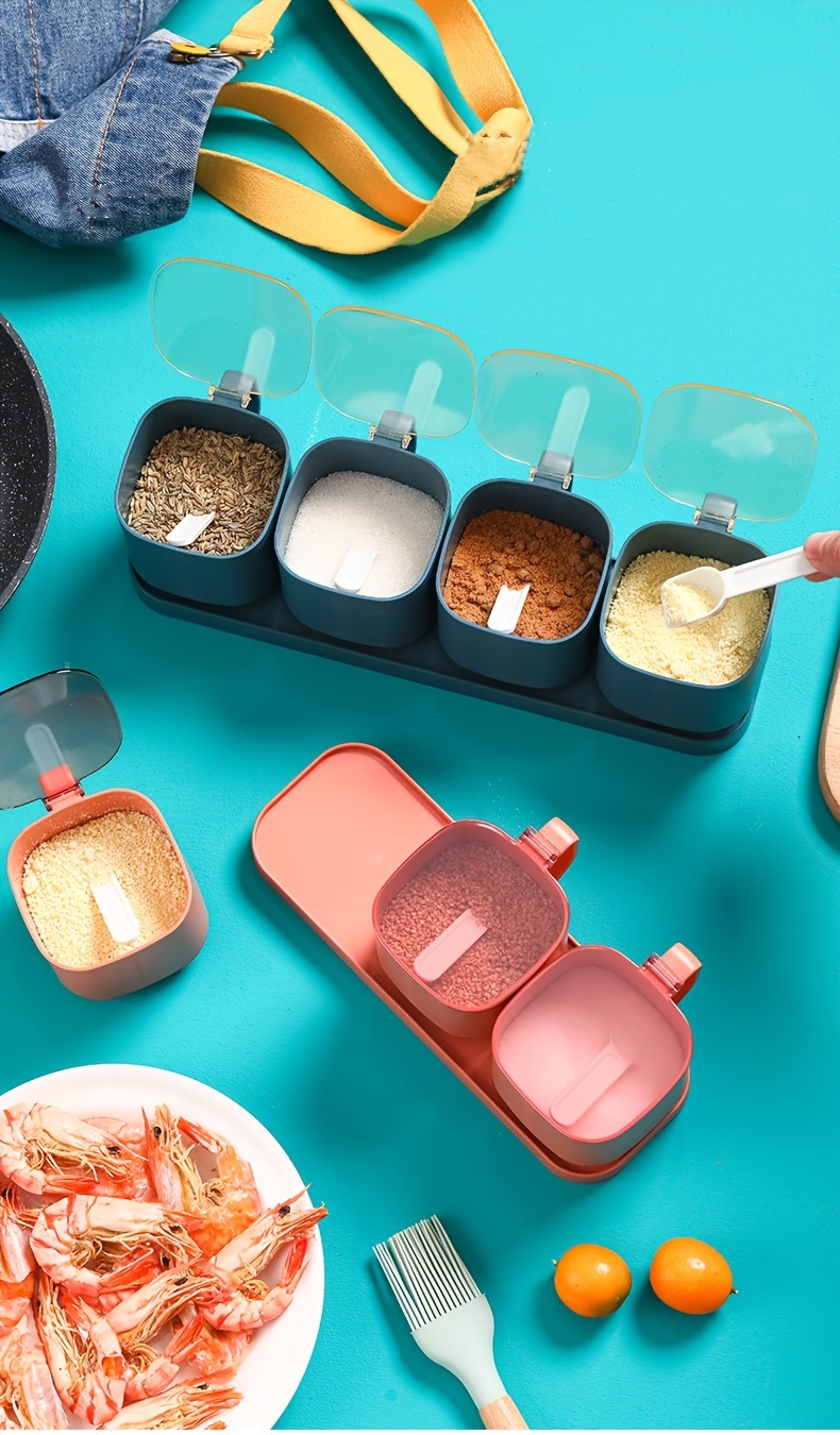 2 3 4pcs set seasoning pot set kitchen spice pot seasoning containers creative monosodium   pot salt and pepper jar with tray pepper containers seasoning storage with lid food storage box with spoon kitchen stuff kitchen accessories Product details 2