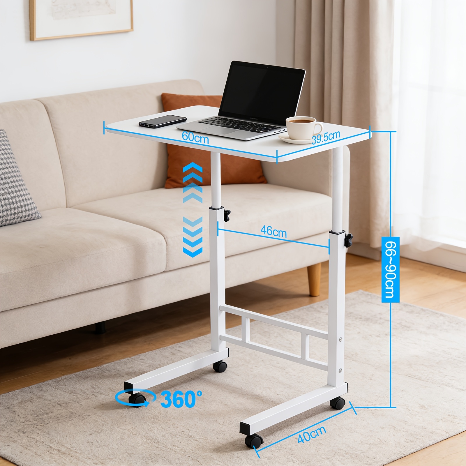 Height Adjustable Desk With Rollers, Mobile Computer Desk, Standing Table With 360° Rotatable & Closeable Rollers, Small Pc Table For Home Office, Living Room, Bedroom, 60x40x66-90cm