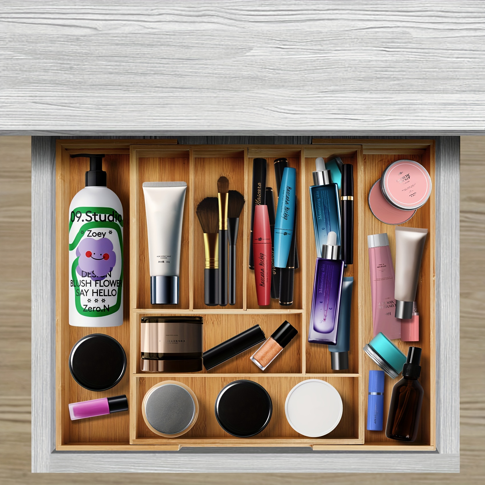 expandable bamboo storage box with   compartments a bamboo drawer organizer for kitchen utensils details 3
