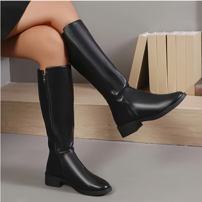 

Size Women's Knee-high Boots - Vintage Style, Solid Color With Chunky Heel, Side Zipper Closure, Cover & Plush Lining For Winter, Plus Size, Fashion, Knee-high Boots