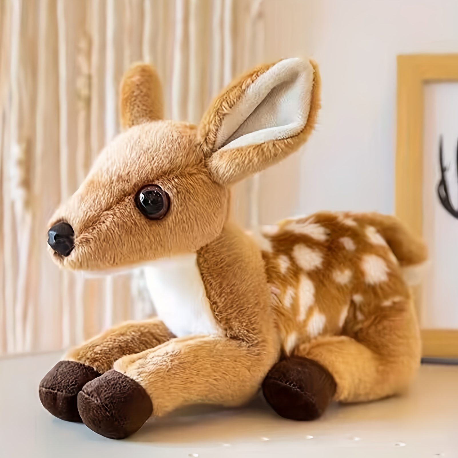 Image of Realistic Lying Position Spotted Deer Plush Toy Soft Lifelike Deer Stuffed Animal For Nursery Decor, Wildlife Education And Collectible Gifts