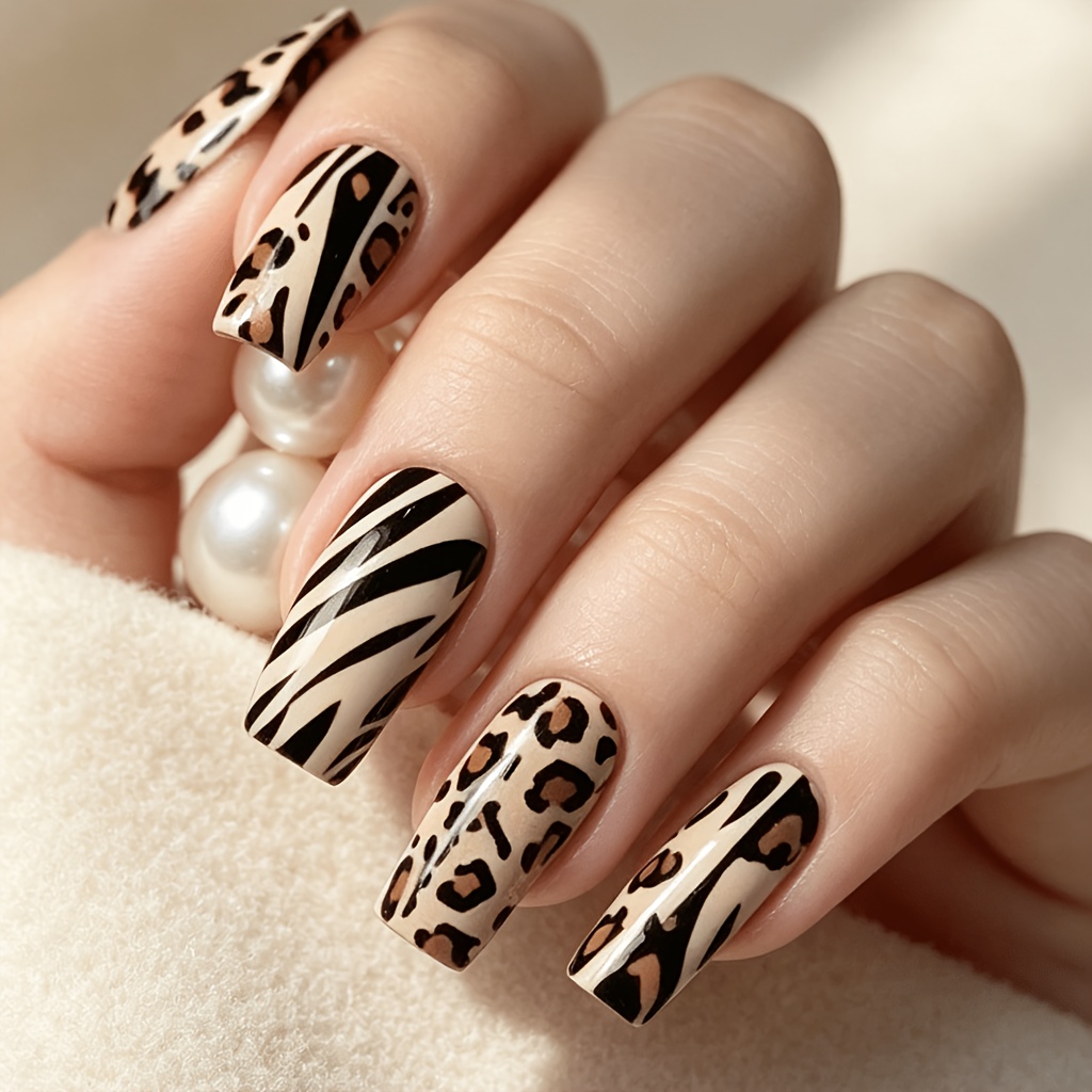 TEMU Helle Farbe, Leopardenmuster, Glänzende Spitze, Mittellang, Quadratische Form, 24 Stück, Falsche Nägel, Aufdrückbare Nagelsticker, Gothic-Nägel,