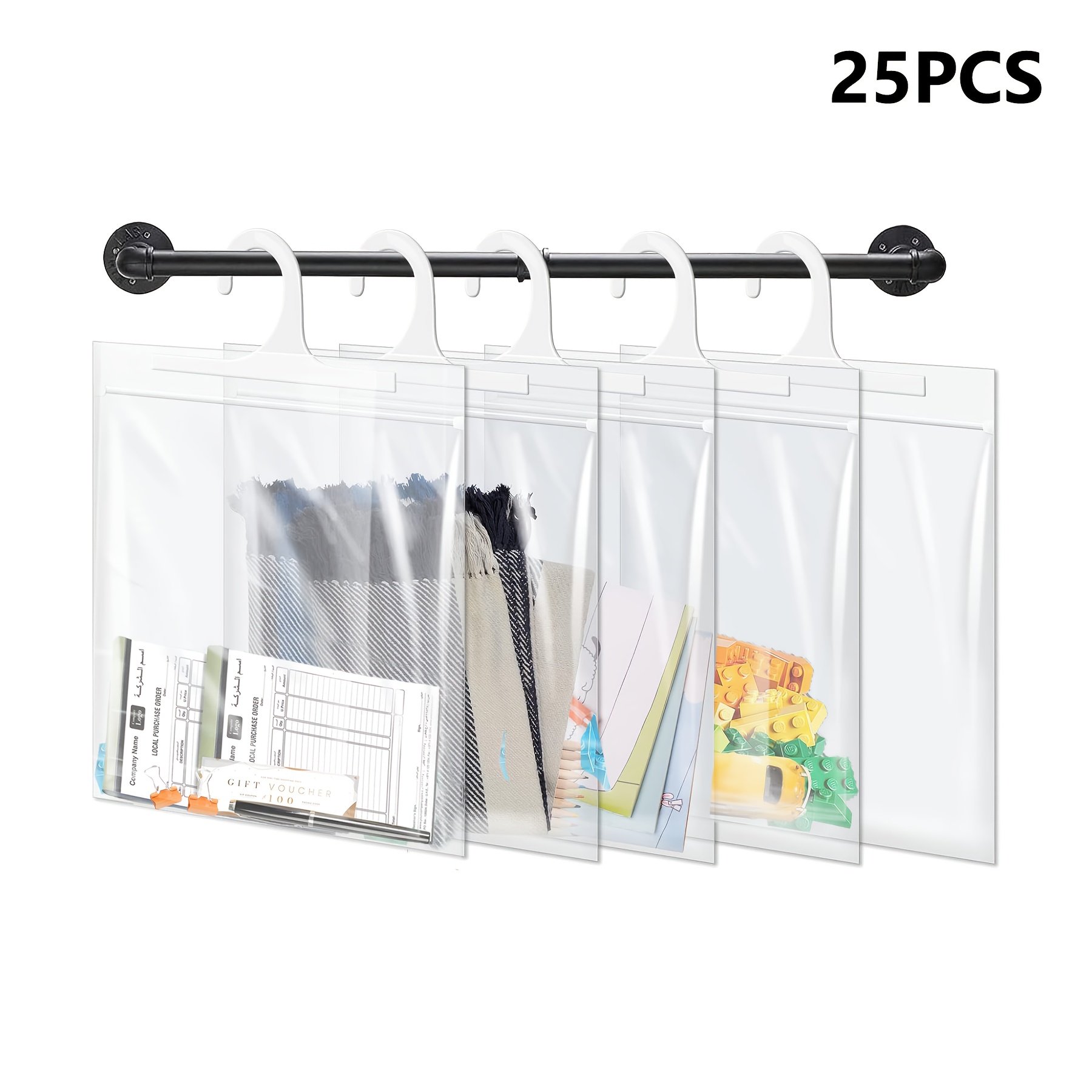 

25pcs Large Hook Hanging Storage Bags, Clear Plastic, Reusable, Waterproof & Dustproof, Thickened Pe Material Organizer For Home, Dorm, Classroom, Library & - Ideal For Clothes, Toys & Books