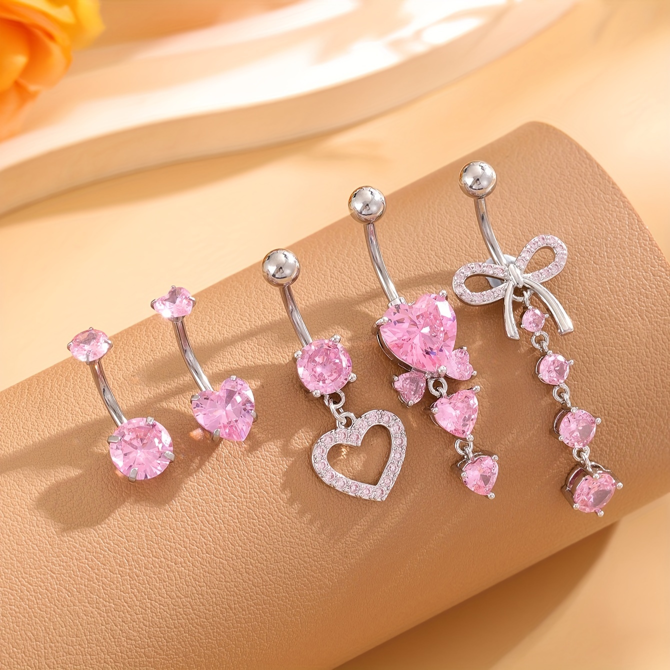 

5-piece Pink Zirconia Stainless Steel Belly Button Rings Set With Sexy Heart And Bow Designs - Wear And