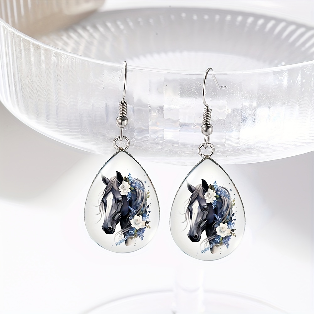 TEMU A Pair Of Handmade Glass Earrings Featuring Horses And Flower Water