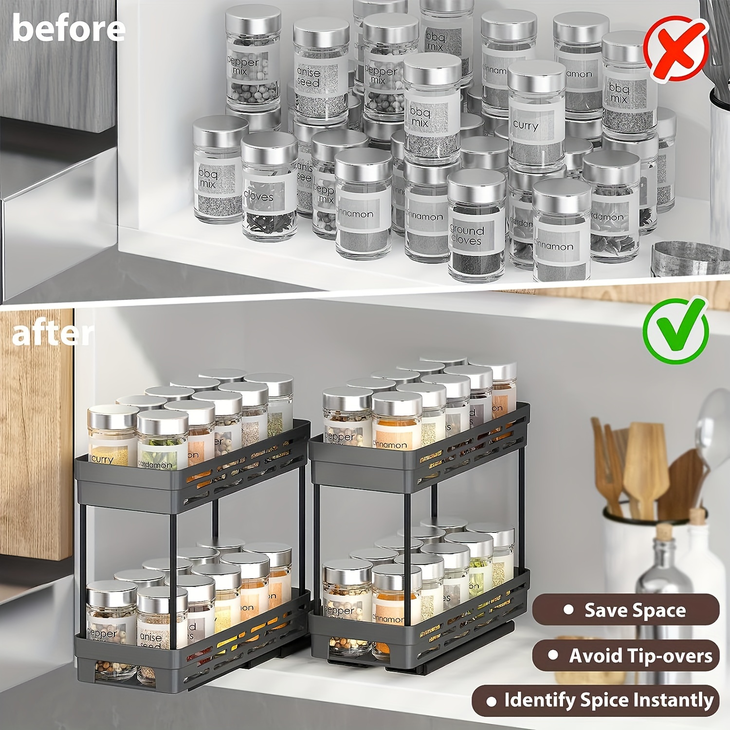 3pcs Easy-Install Pull-Out Spice Rack Organizer for Cabinets Durable,  Space-Saving Design with Tiers, Holds 10 Jars Each Kitchen Di
