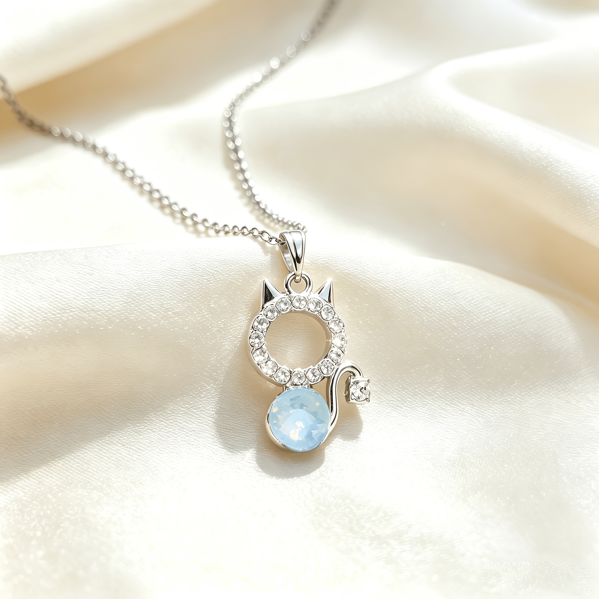 Women's Sparkling Cat Gemstone Round Pendant Necklace, Unique Design