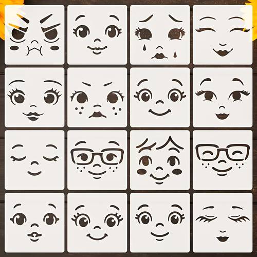 16pcs facial painting stencil set reusable 4x4 inch pet plastic stencils smiling serious and other emotions suitable for painting craft making doll making art compatible with canvas wood and stone