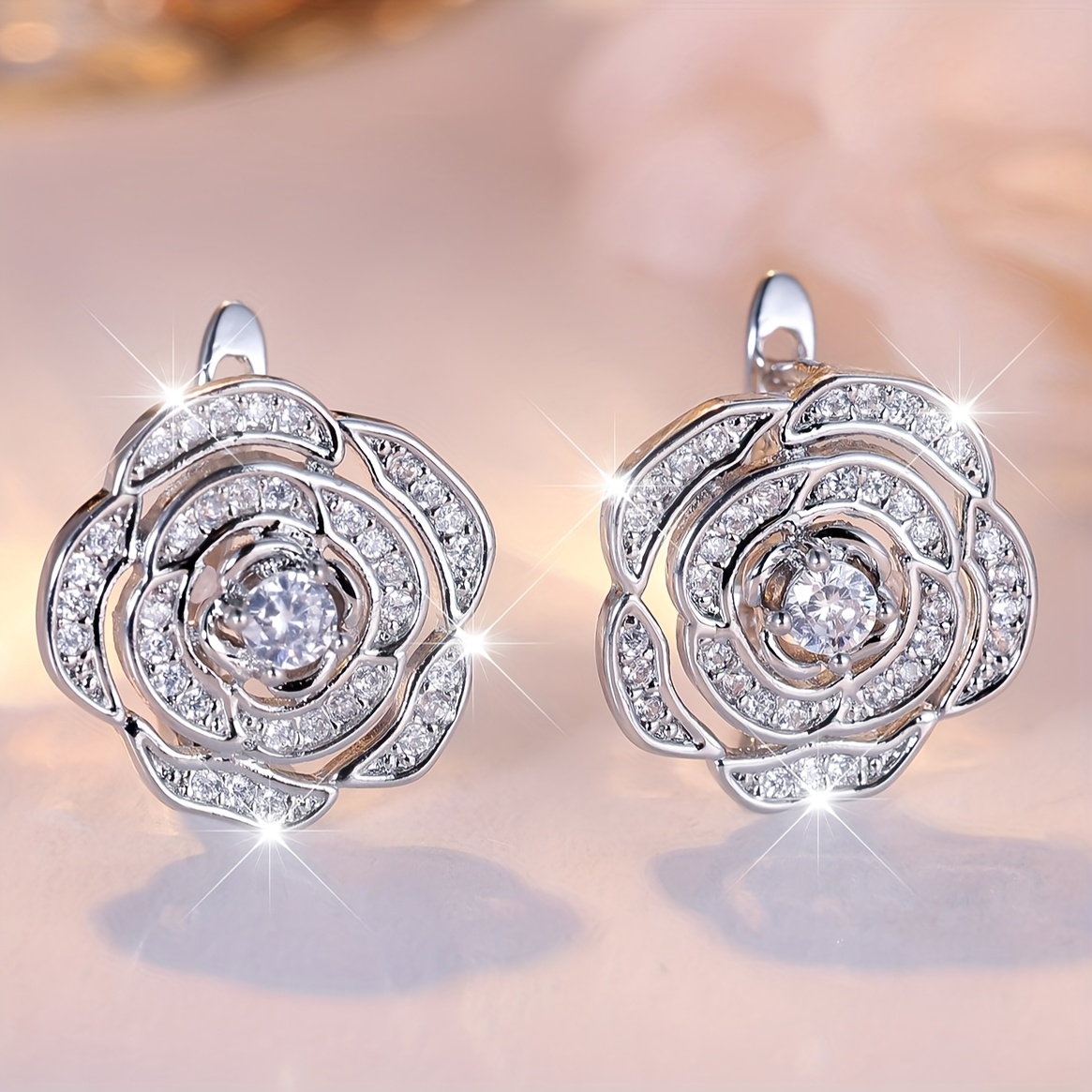 Image of A Pair Of Elegant And Silvery Synthetic Synthetic Zirconia Rose-shaped Floral Women's Fashion Stud Earrings, A Party Birthday Gift For Couples