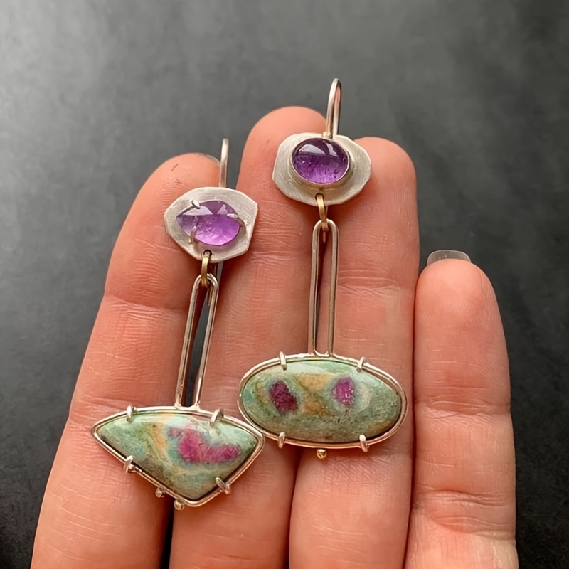 TEMU Women's Earrings, Bohemian Ethnic Style Jewelry, Chic Synthetic Amethyst And Gemstone Inlay, Perfect Gift For Vacations, Birthdays, Thanksgiving