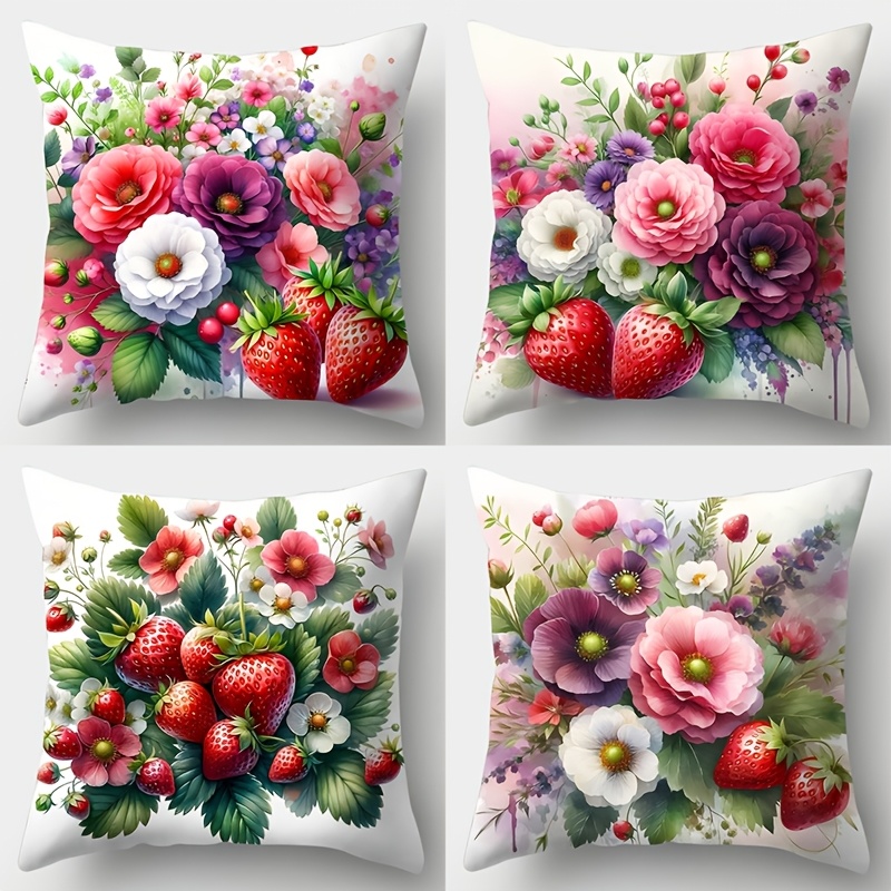 

4pcs Set, Home Sofa Pillowcase, Strawberry Flower Pillowcase, 17.7 Inches * 17.7 Inches, Single-sided Printing, Home Decoration, Sofa Waist Cushion Cover, Pillowcase Without Pillow Core