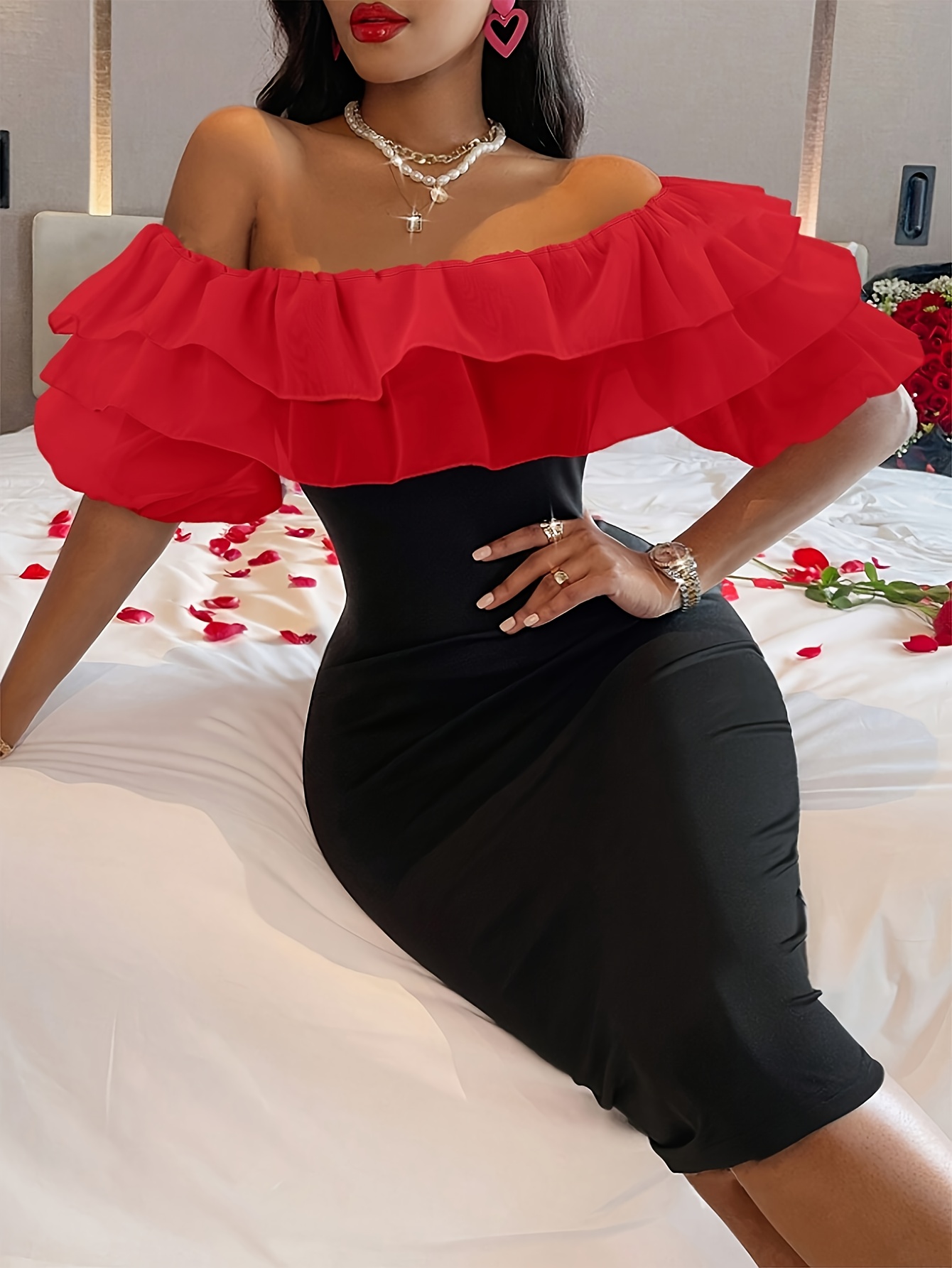 elegant shoulder red ruffle bodycon dress women polyester 80 - Temu Georgia