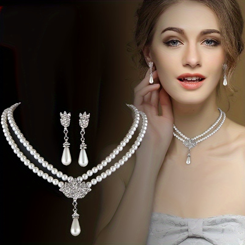 

Minimalist Faux Pearl Crystal Inlaid Rhinestone Bridal Jewelry Set Short Clavicle Chain Earrings Set Wedding Engagement Wearing Luxury Jewelry Set