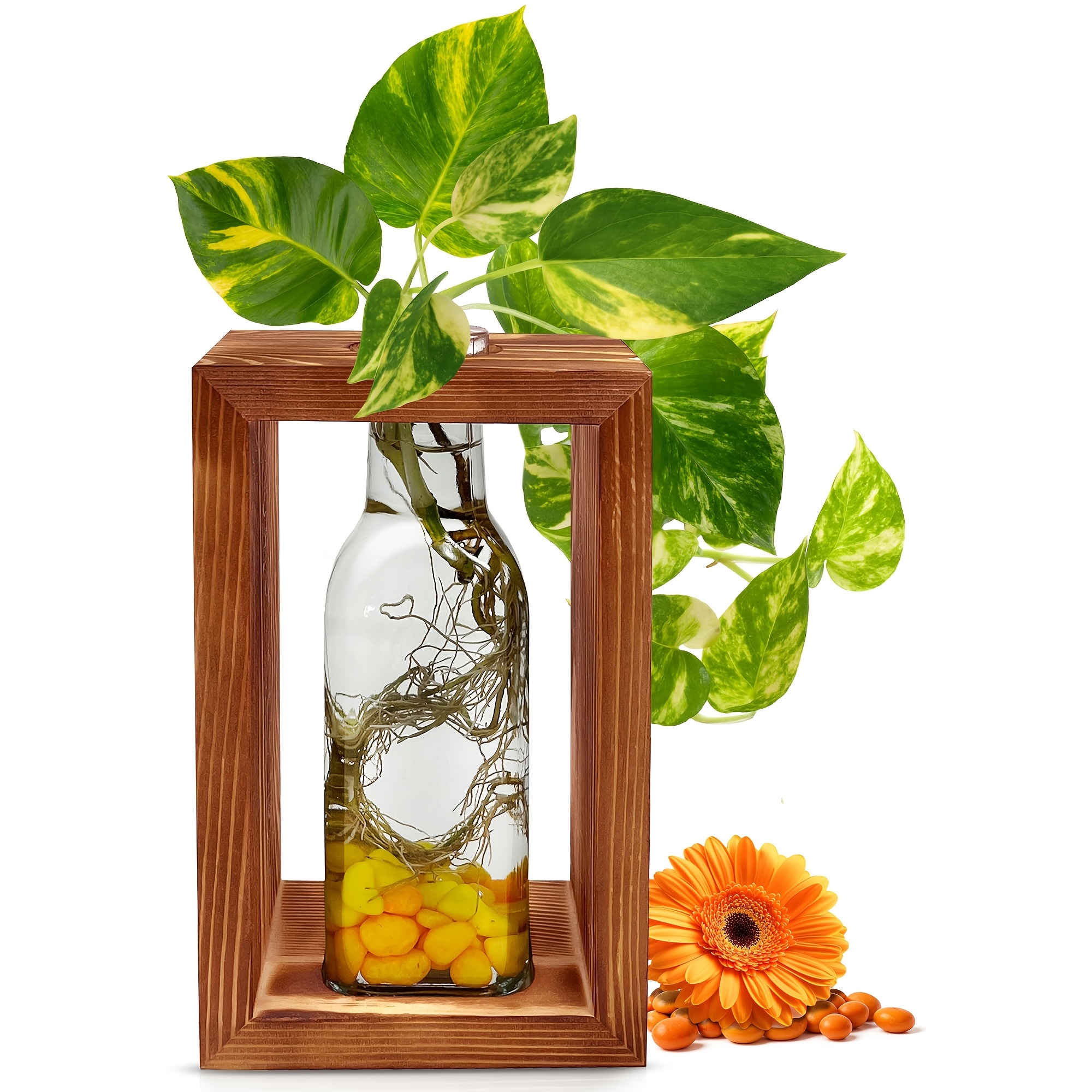 

Elegant Wooden Frame Plant Propagation Station With Glass Vase - Ideal For Desk & Living Room Decor, Perfect Housewarming Gift For Gardening Enthusiasts, Artificial Plants For Home Decor