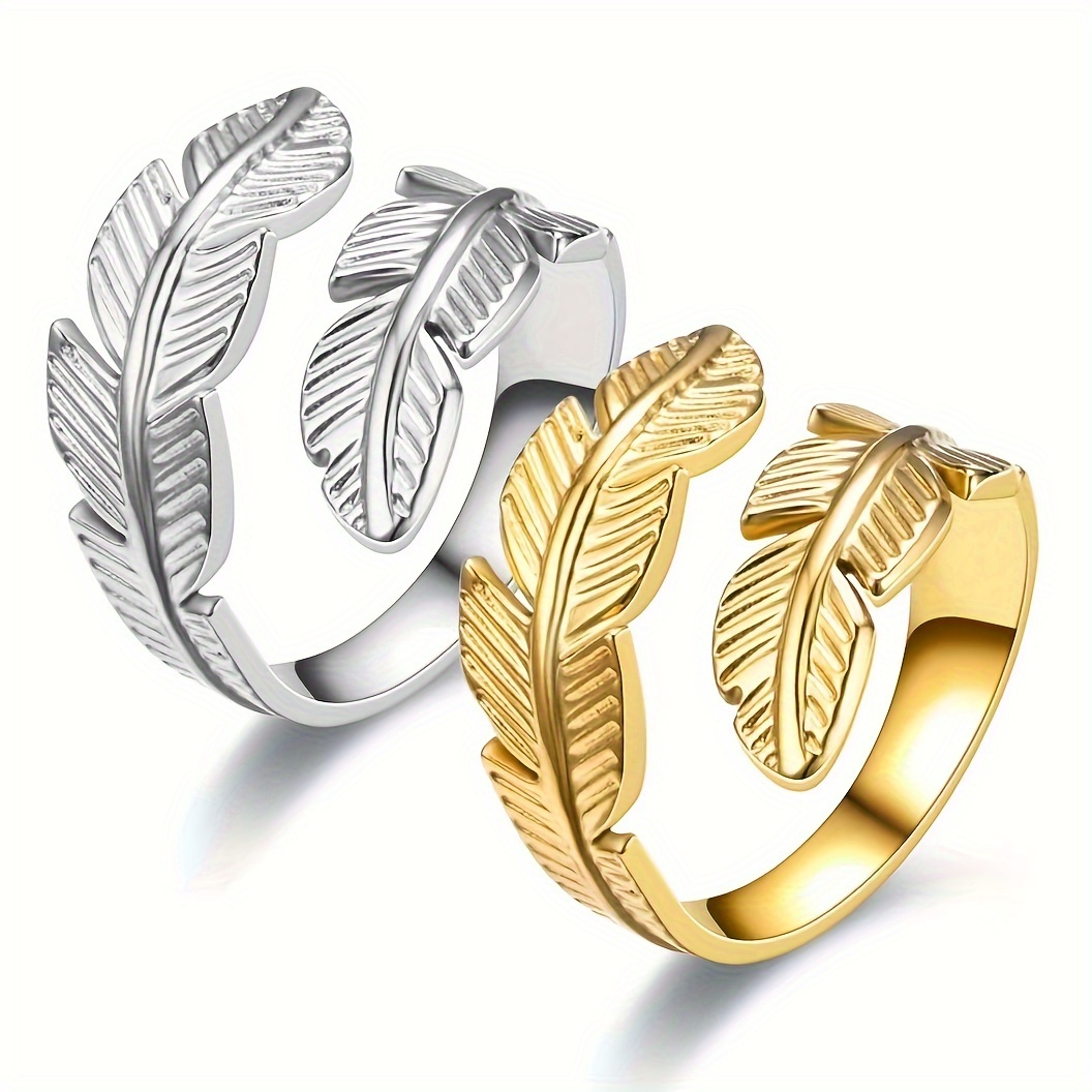 

1pc Vintage Leaf Design Adjustable Ring, 14k Golden Plated Stainless Steel, Simple Elegant Open Band For Daily & Vacation Wear, All