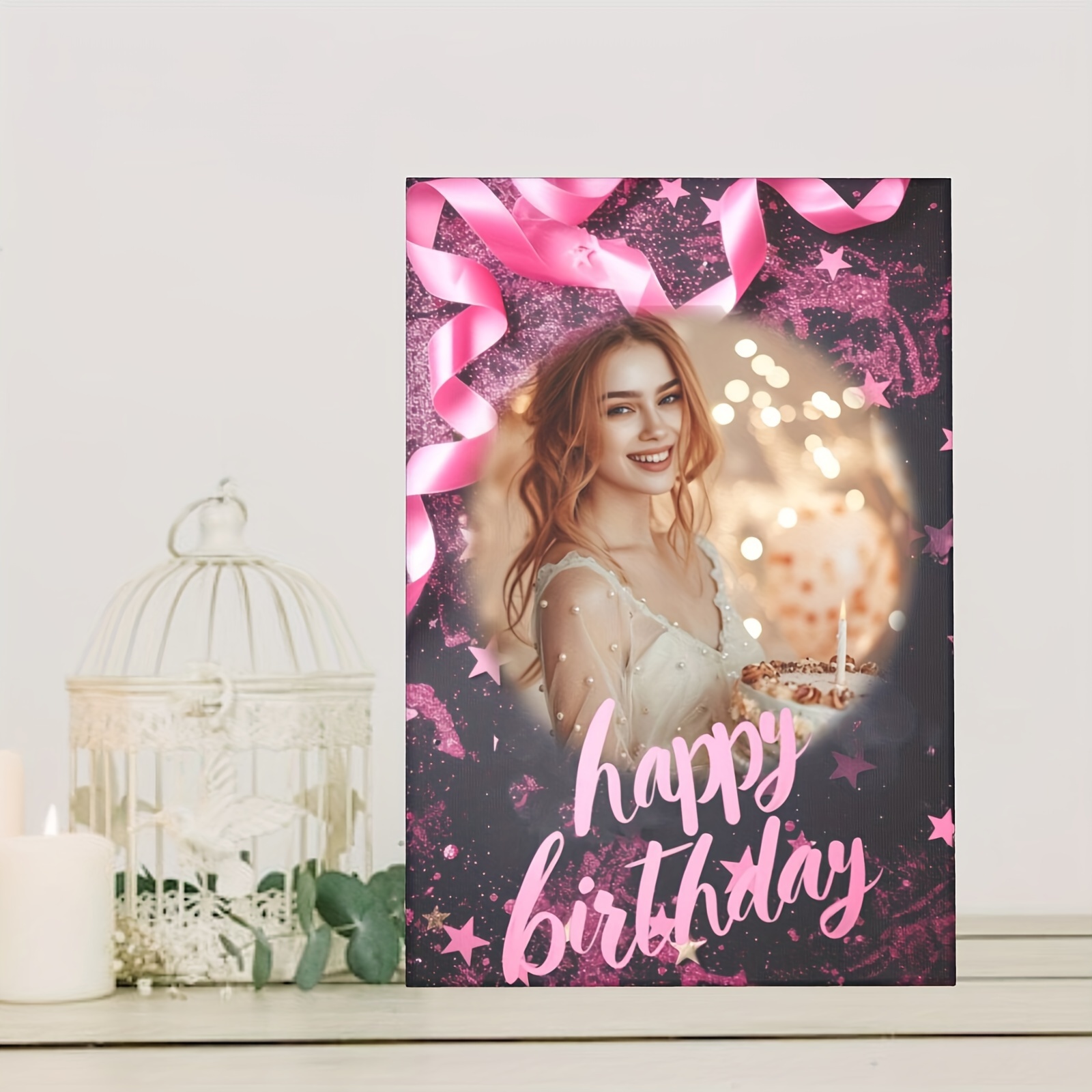 

Personalized Happy Birthday Canvas Poster - Custom Photo Art, Unframed, Perfect For Indoor/outdoor Decor & Gifts, Pink Party Theme