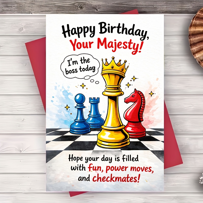 TEMU 1pc Greeting Card Funny Chess Birthday Card Your Majesty Theme For Him Her Coworkers Checkmate Humor Flat Greeting For Party Celebration Gift