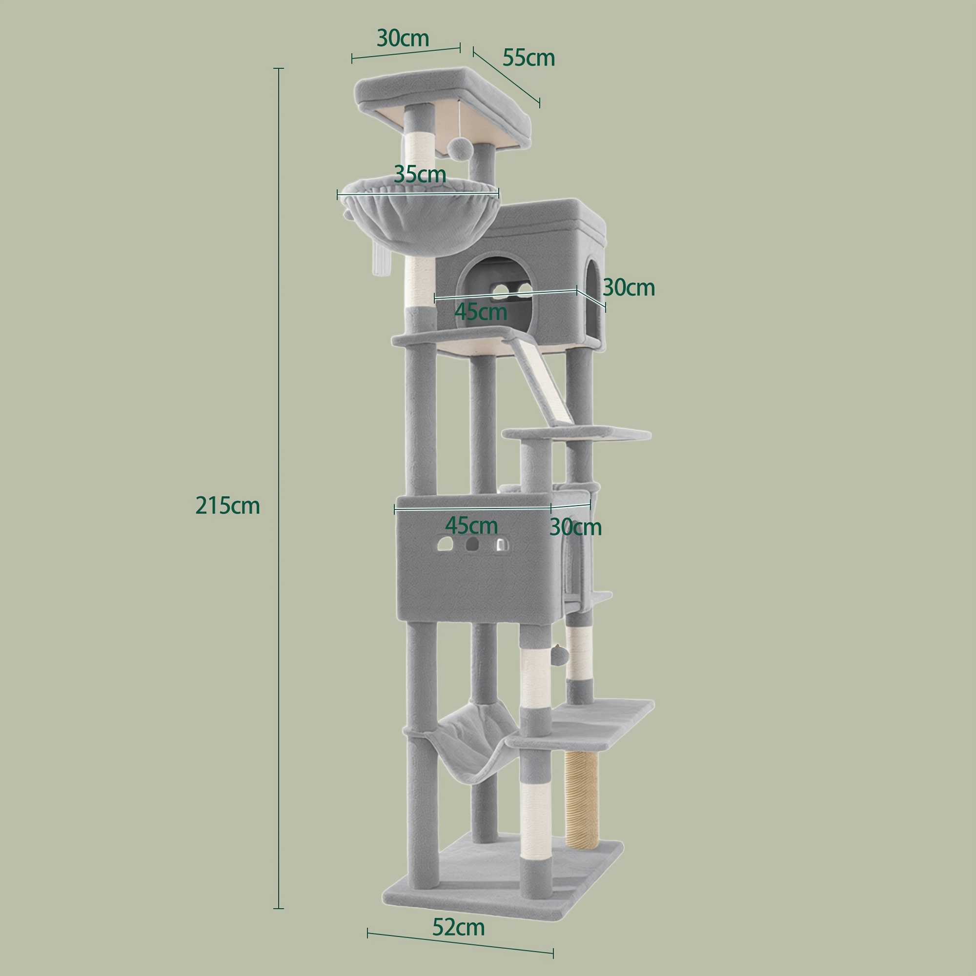 TEMU 215cm Extra-high Xxl For Large Cat Climbing Frame With 5 Densified Natural Sisal Posts, Double Enclosed Caves, Double Suspended Embracing Cat