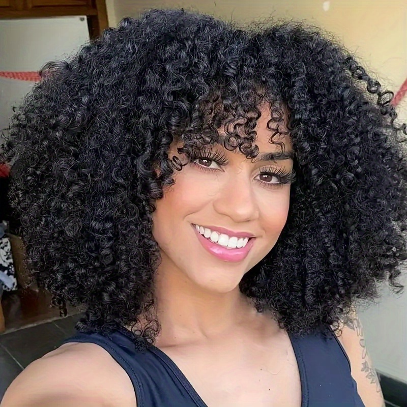 TEMU Perruques en cheveux humains brésiliens pour femmes - Perruques afro crépues et bouclées avec frange, colle ni dentelle frontale, 180 %, couleur