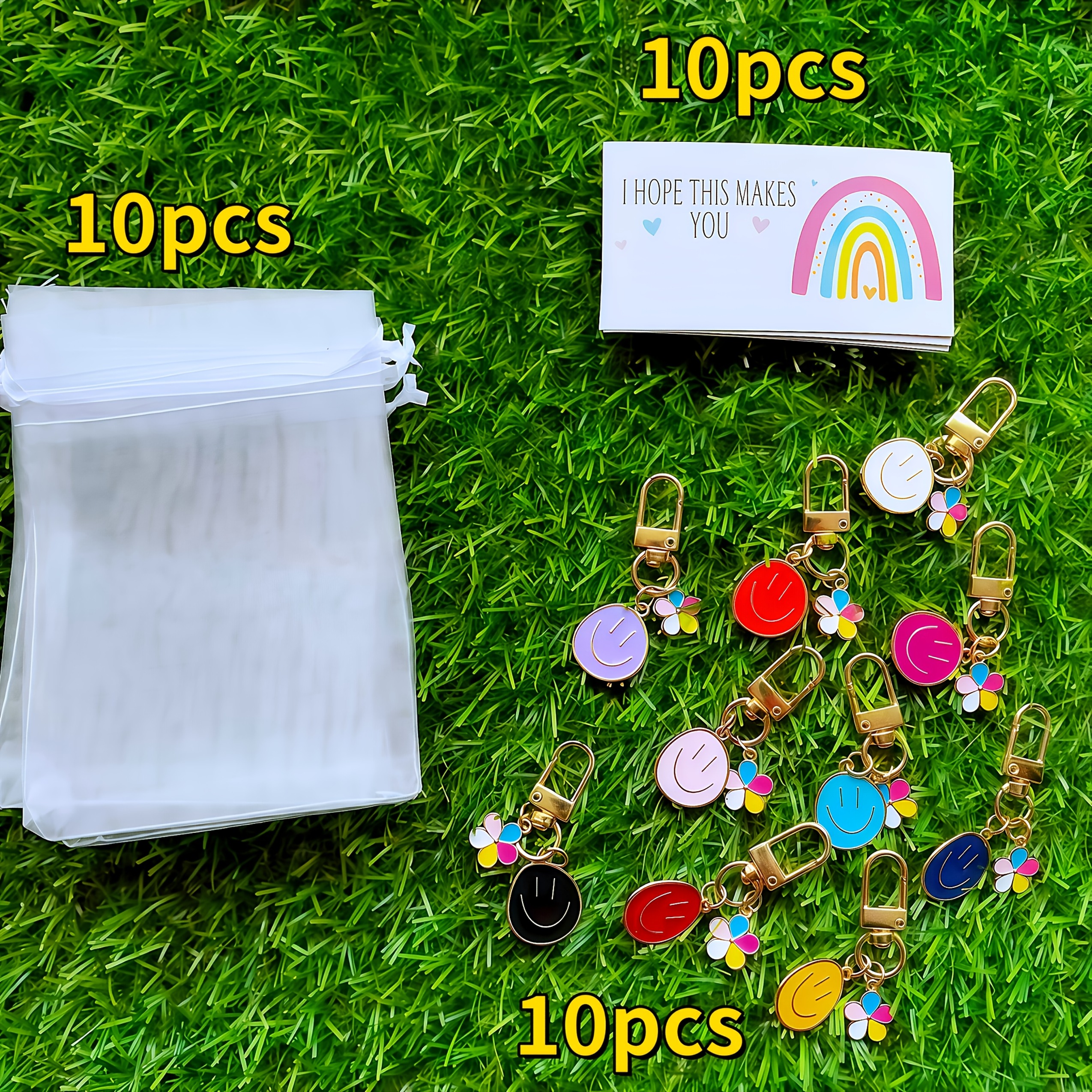 TEMU Gift For Her/him 30pcs Happy Face Keychain - Colorful Cartoon Metal Keychains With Cards - Includes (10 Keychains + 10 Cards + 10 Gift Organza