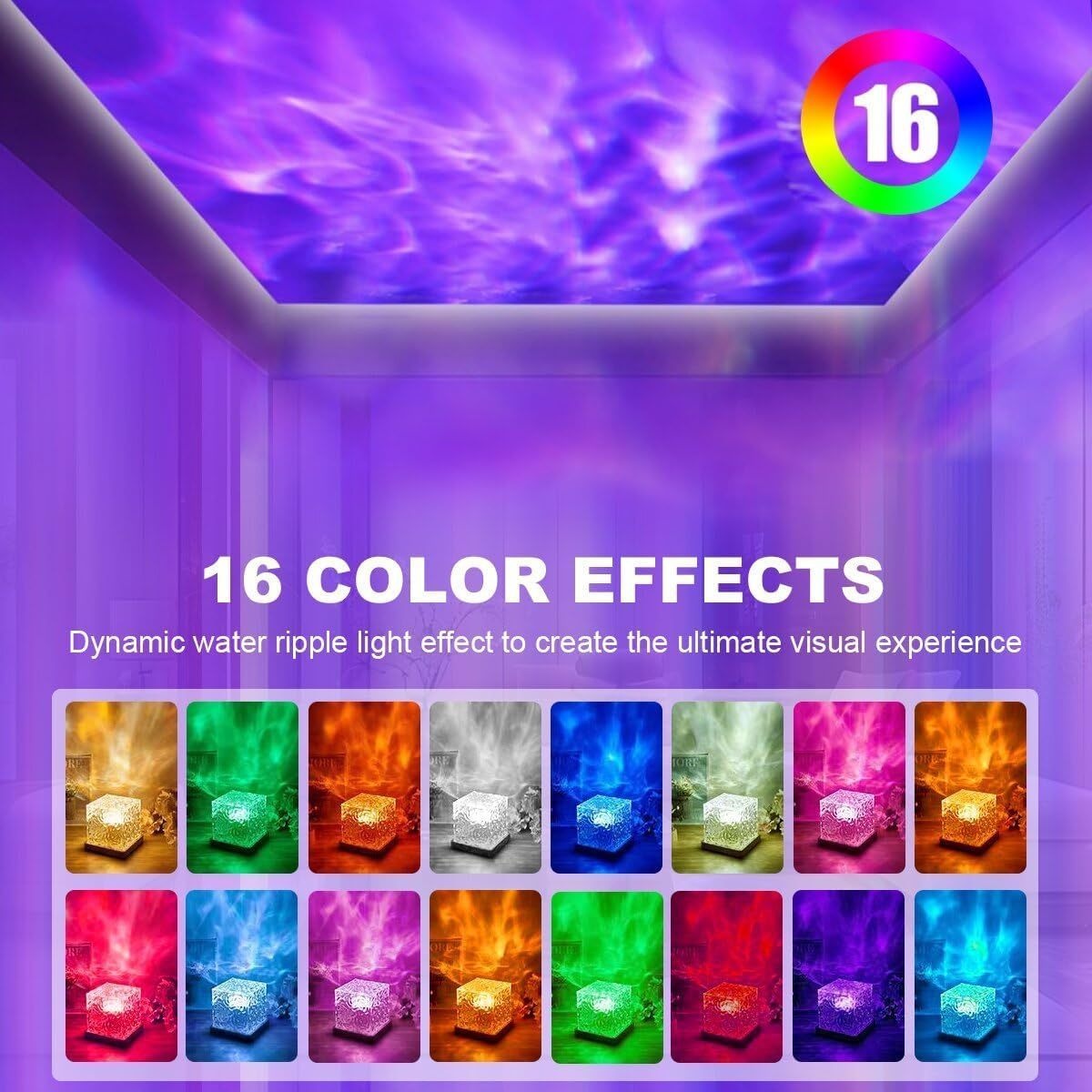 TEMU Square Rotating Water Wave Light Projection Device Ambient Light - With Remote Control And - 16-color Rgb Desk Lamp, Featuring Adjustable