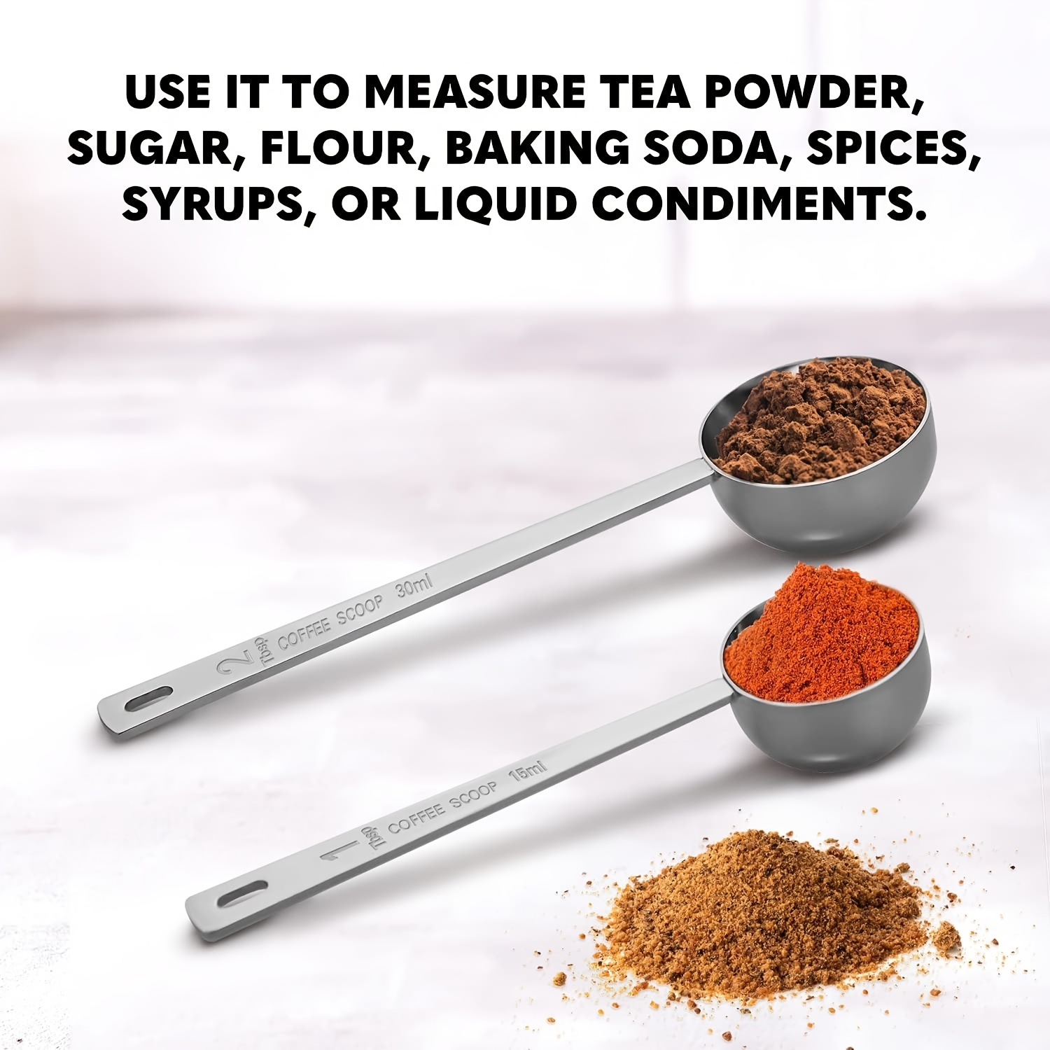 stainless steel coffee scoop set long handled multi measurement tablespoons for ground coffee tea powders   travel   loose tea 5ml 10ml 15ml 20ml 30ml details 3